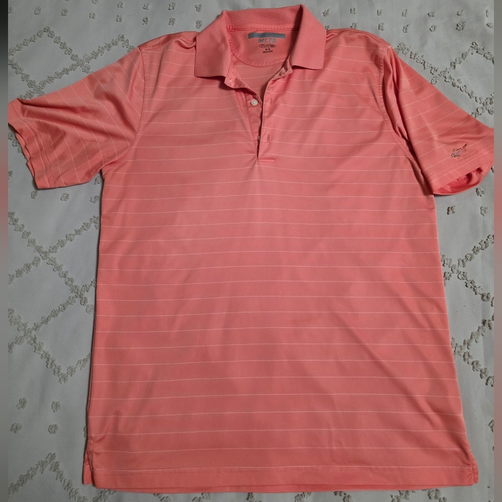 Greg Norman Mens M Coral/Salmon with White Stripes Polo Golf Shirt Shark Logo